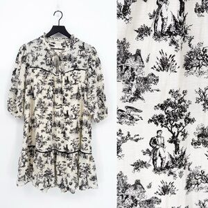 Umgee Toile de Jouy Cottagecore Tiered Mini Dress Cream Black | Medium